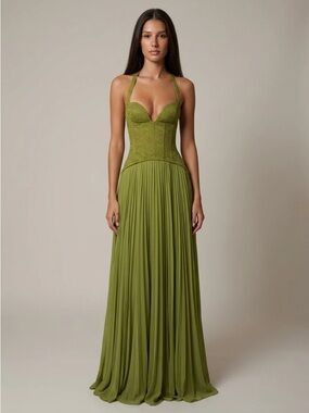 Women’s Olive Green Corset Pleated Maxi Dress